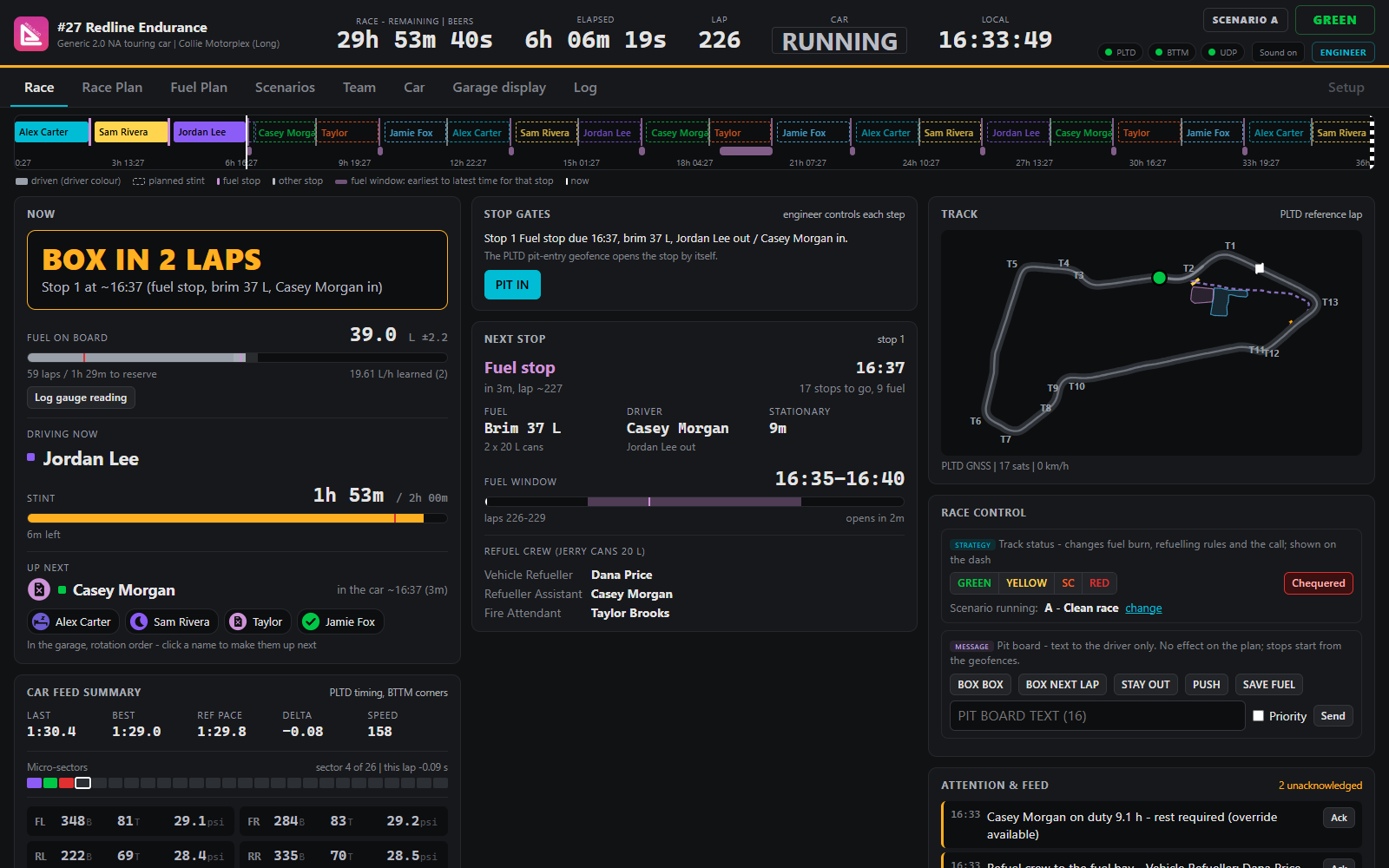 Race tab during a 36 hour race, showing the pit call, fuel on board, the current stint, the next stop and the live track map